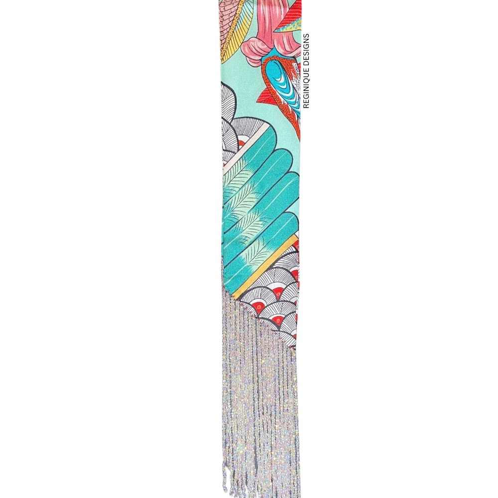 SeraBijoulet™ Handcrafted Silk Skinny Scarf with Beaded Fringe - Picture 2 of 6